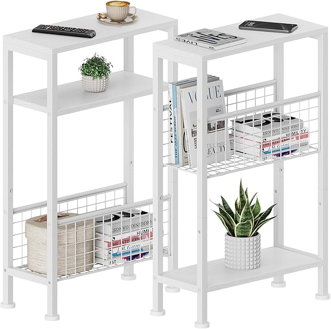 Karii Narrow Side Table, Skinny End Table for Small Spaces with Storage, 3-Tier Slim Wooden Bedside Nightstand Thin Couch Table for Living Room Bedroom Office Dorm Kitchen Bathroom (2, White)
