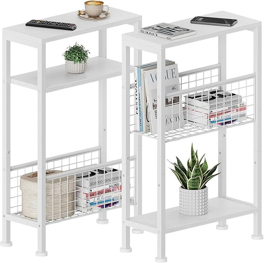 Karii Narrow Side Table, Skinny End Table for Small Spaces with Storage, 3-Tier Slim Wooden Bedside Nightstand Thin Couch Table for Living Room Bedroom Office Dorm Kitchen Bathroom (2, White)