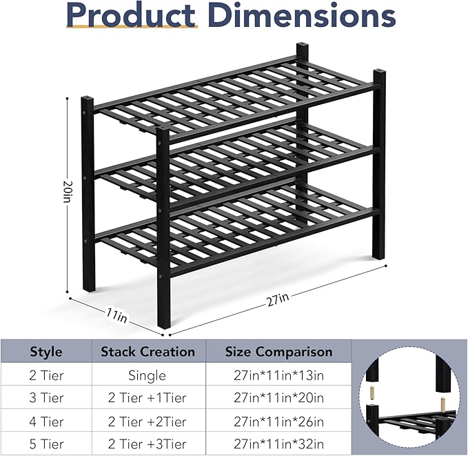 Haddockway 3 Tier Bamboo Shoe Rack Storage Organizer, Multifunctional Free Standing Stackable Shoe Shelf with Grid Panel for Closet,Hallway,Entryway,Small Space 27"x11"x20"