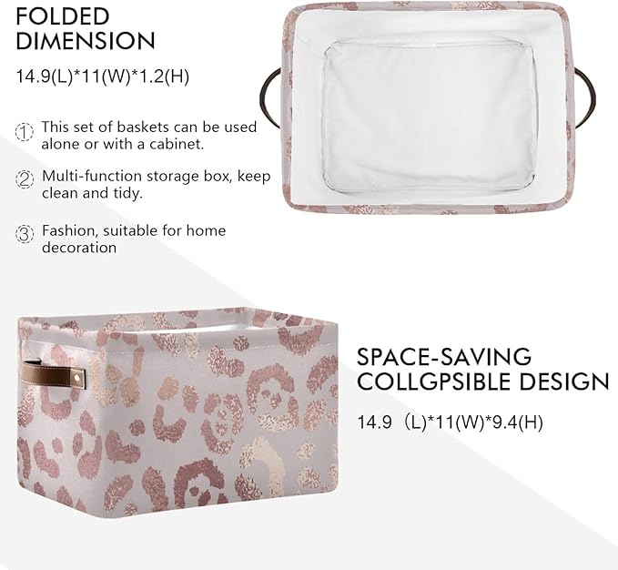 susiyo Large Foldable Storage Bin Leopard Skin Rose Gold Fabric Storage Baskets Collapsible Decorative Baskets Organizing Basket Bin with PU Handles for Shelves Home Closet Bedroom Living Room-2Pack