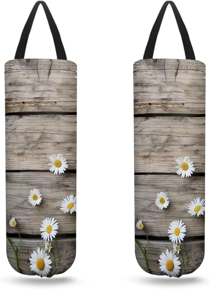 Hanging Plastic Bag Holder Dispenser Set of 2 Reusable Wall Mount Hanging Plastic Bag Storage Organizer for Grocery Bags,Rustic Wood Grain Daisy