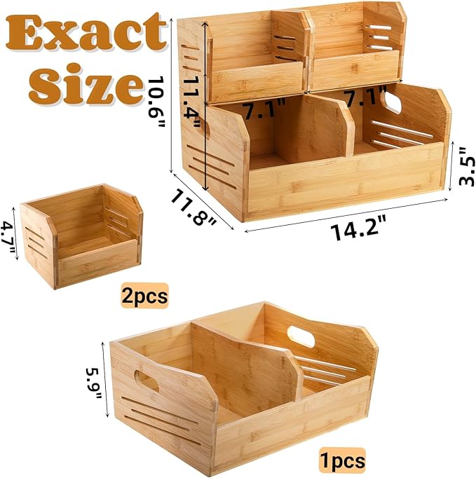 2 Tier Bamboo Stackable Storage Bins, 4 Compartment Potato and Onion Storage Baskets, Pantry Organizer Holder with Handle, Open Front Kitchen Fruit Containers for Fruit Bread Vegetable Garlic