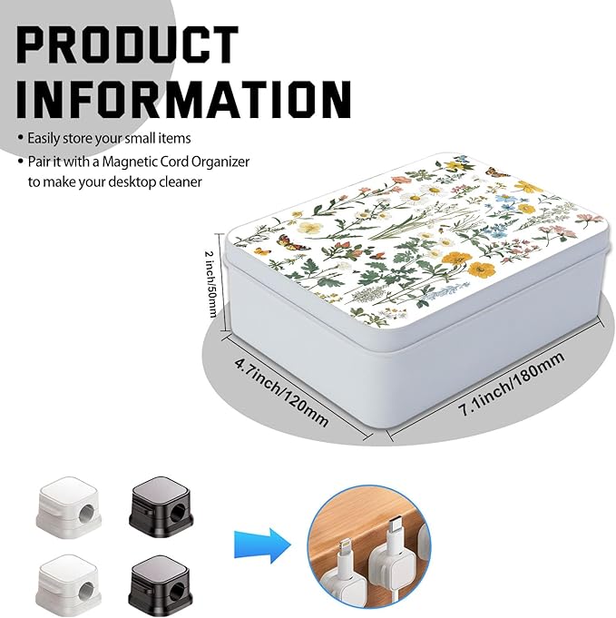 Metal Tin Box with Lid,Multi-functional Storage Large Box Can Store Tea Biscuits Game Cards, Playing & Tarot Cards-Comes with 4 Magnetic Cord Clips,Flower Garden Butterfly