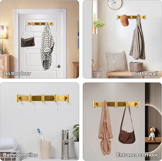 Gold Coat Hooks, Wall Mounted Coat Rack – 5 T-Shaped Towel Rack for Hats, Bags & Towels, Heavy-Duty Metal Rail for Entryway, Bathroom, Closet, Bedroom