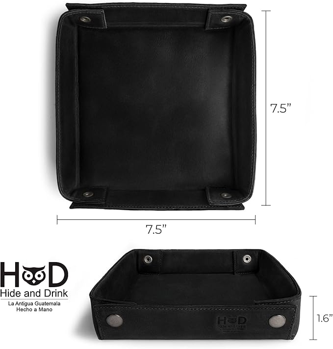 Hide & Drink, Leather Catchall Change Keys Coins Jewels Box Tray Big Storage, Handmade - Charcoal Black