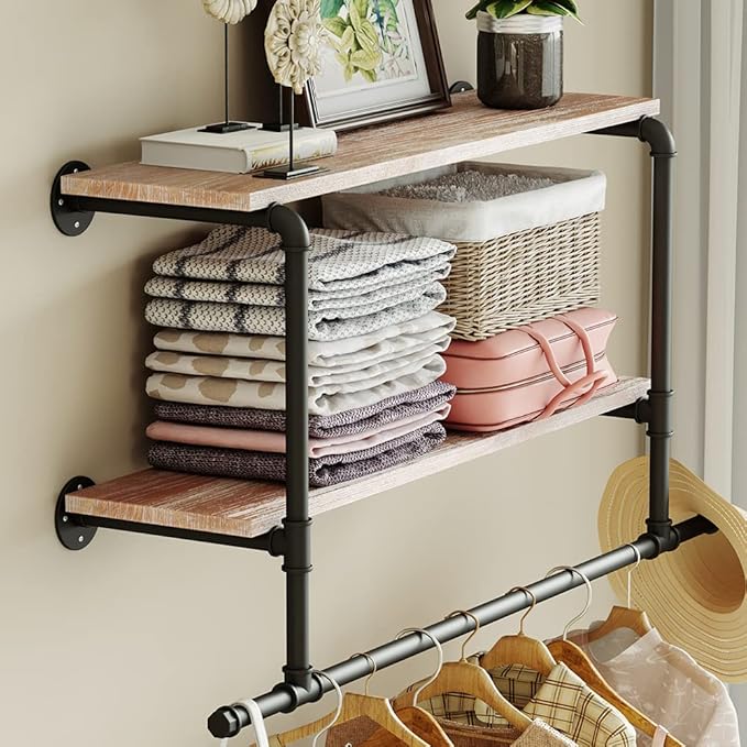 MAIKAILUN Industrial Pipe Clothes Rack with Wood Shelf, 42" Long Wall Mounted Clothing Rack with Hanging Rod for Laundry Room, Heavy Duty Pipe Shelves, Closet Storage, Retail Boutique Display