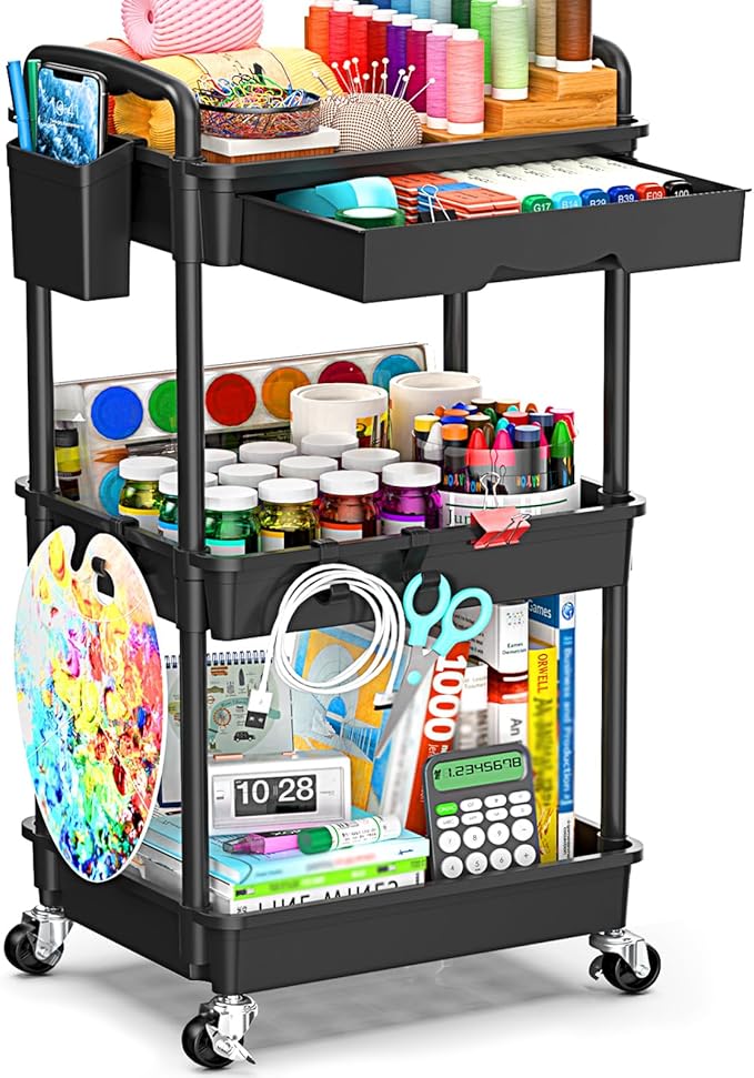 3 Tier Rolling Storage Carts with Removable Drawers, Lockable Wheels, Hooks & Cup Holders â Easy Assembly Storage Organizer for Kitchen, Bathroom, Office, Craft Room, Makeup, Black