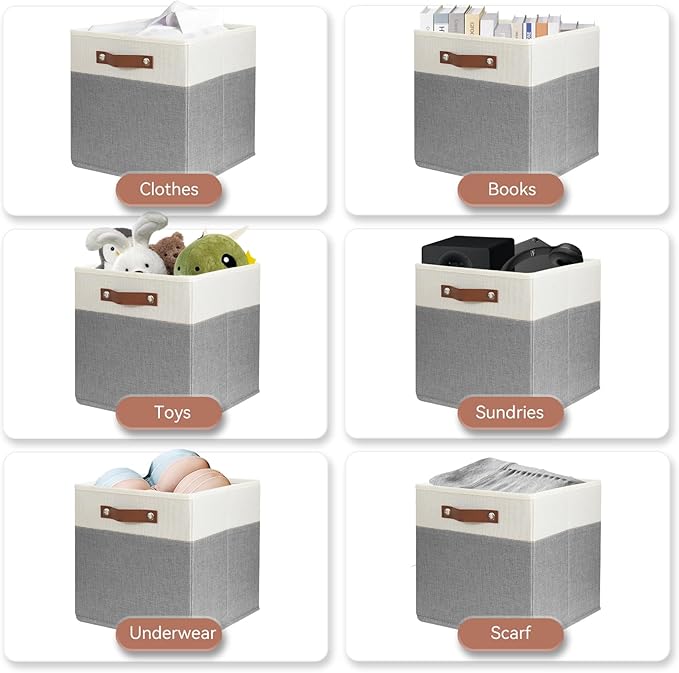 SNWDN 4 Pack Large Fabric Storage Baskets for Organizing Collapsible Fabric Storage Bins with Handles for Home and Office Organizing ((White/Grey 13x13x13 Inches)