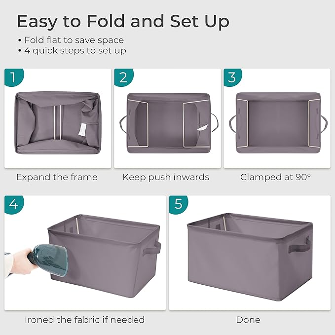 Storage Basket Bins with Metal Frame, Large Collapsible Fabric Storage Baskets for Organizing Shelf, Basket Organizer W/Handles for Blankets, Towels, Laundry, Shelves, 3-Pack, Gray