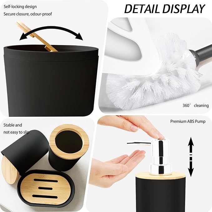 Lnond Black Bathroom Set, Black Abstract Cubes Bathroom Accessories Sets Complete, Luxury Restroom Set with Shower Curtain and Rugs, Trash Can, Toilet Brush Holder Set & Soap Dispenser