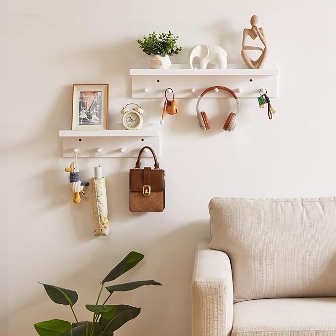 Wood Coat Hook with Wall-Mounted Shelf, 23.62in Entryway Wall Hanging Shelf, for Bathroom, Kitchen, Coat Towel Key Organizer White YD-WS0260W