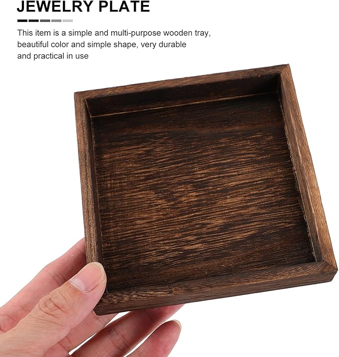 DOITOOL Wooden Jewelry Tray Solid Wood Vanity Organizer Small Retro Jewelry Holder Tray for Desktop Storage and Decorative Use