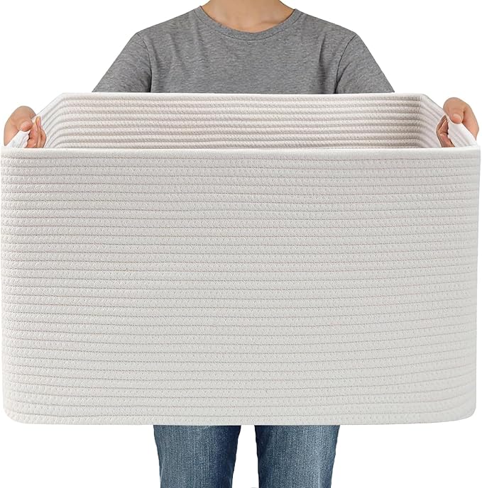 Woven Blanket Basket,96L Large Storage Bin for Blankets Toys Clothes,Decorative Rope Basket for Living Room Bedroom with Handles, White