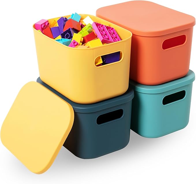 Plastic Storage Bins with Lid, Stackable Storage Containers for Organizing, Decorative Storage Baskets for Shelves Living Room Playroom Classroom Office (Small (4 PCS))