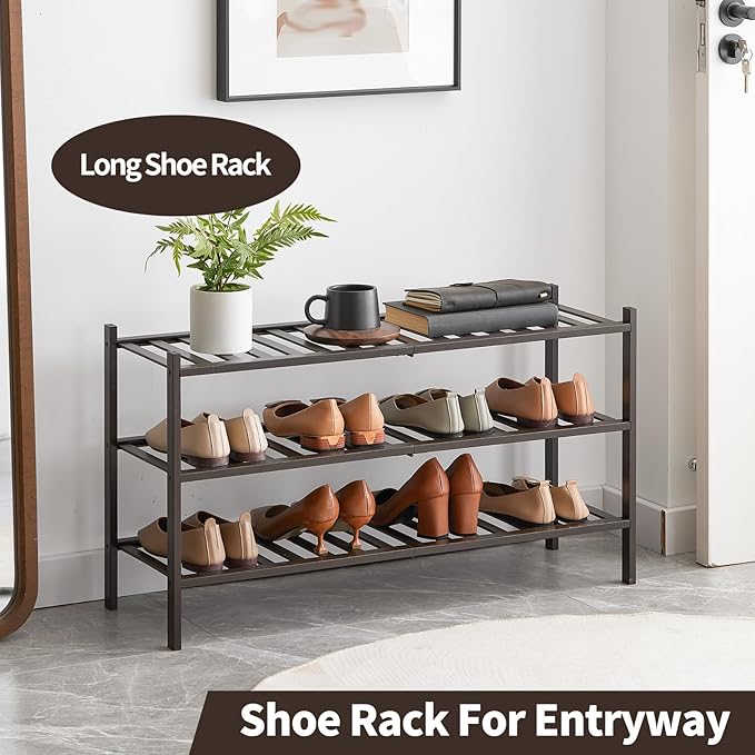 Long Shoe Rack, 3-Tier Bamboo Stackable Shoe Shelf Storage Organizer, Shoe Stand for Closet, Entryway and Hallway