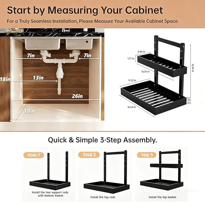 2-Tier Under Sink Pull Out Organizer, Bamboo Cabinet Storage Shelf with Adjustable Height, 9 Inch White Slide Out for Kitchen Bathroom Pantry Black