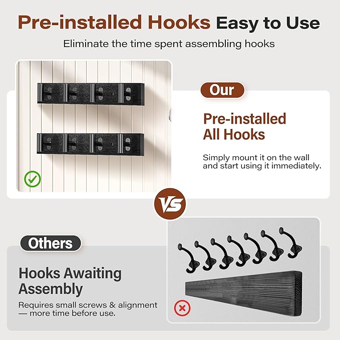 2 Pack Coat Rack Wall Mount, Black Coat Hooks Wall Mounted with 8 Metal Heavy Duty T Shaped Hooks, Pine Soild Wood Large Coat Hanger for Entryway, Living Room, Bathroom (32.3")
