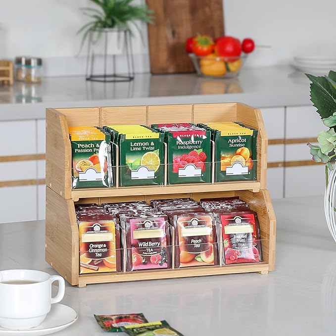 2-Layer Stackable Bamboo Tea Bag Organizer Storage Holder & Rack - Wooden Tea Box Containers - Stand for Countertop or Cabinet