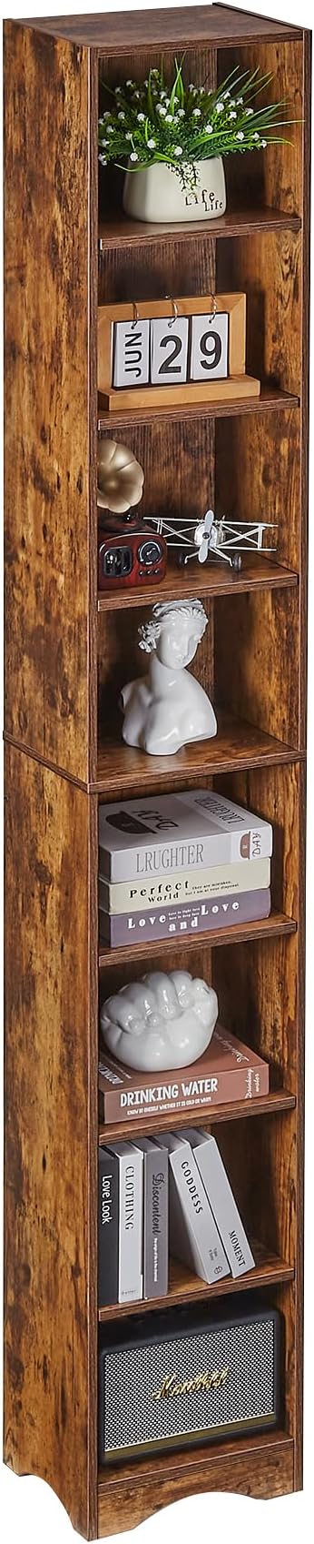 VECELO Narrow Tall 71 inch Adjustable Bookshelf - Customizable Shelf Heights, Elevated Dust/Moisture-Proof Base, Rustic Wood Display Shelf for Living Room Bedroom Small Spaces-Brown