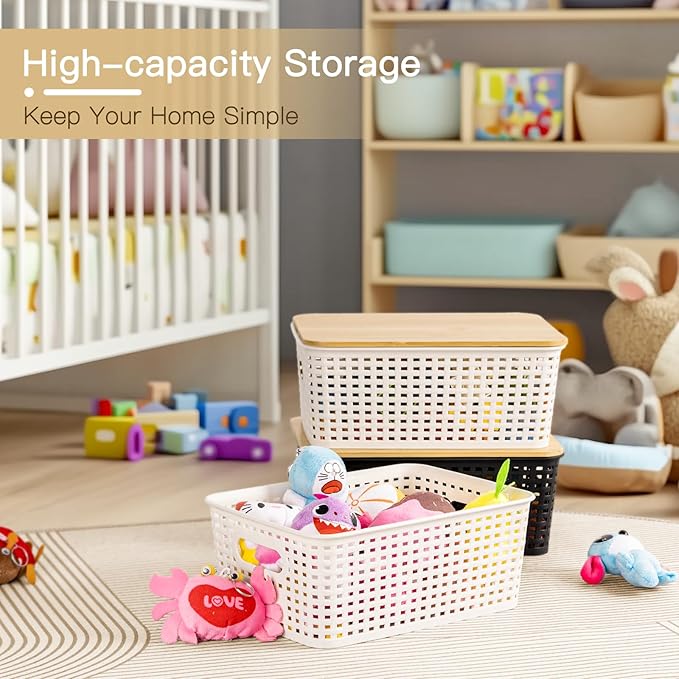 Criusia 6 Pack Plastic Storage Baskets With Bamboo Lid, Stackable Storage Baskets for Organizing Desktop Closet Shelves Drawers Pantry Organization Office Playroom Classroom