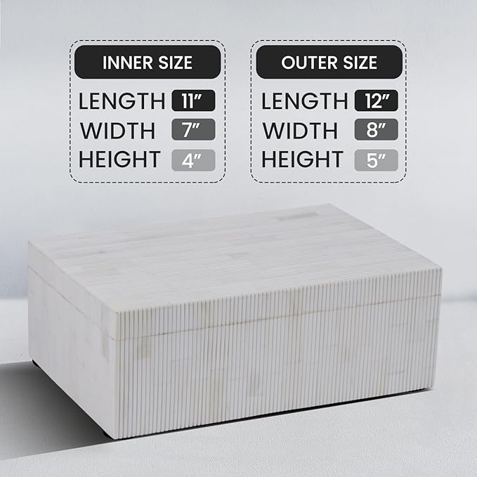 Handicrafts Home Large Decorative Storage Box with Lid – 12X8X5” Coffee Table Organizer, Keepsake- Decorative Boxes for Home Decor, Stylish Decorative Box for Office Decor-White Stripped