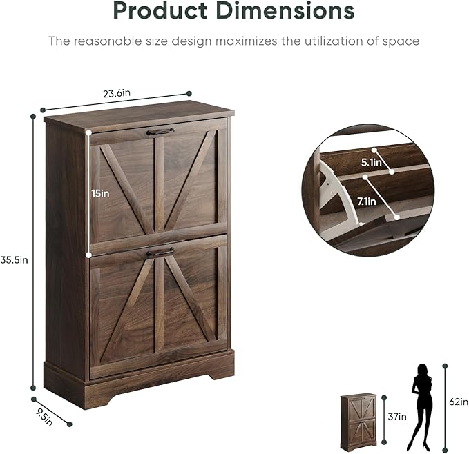 Shoe Cabinet, Shoe Storage Cabinet for Entryway with 2 Flip Drawers, Narrow Farmhouse Shoe Organizer Cabinet, Slim Shoe Rack Cabinet, 23.6in Walnut