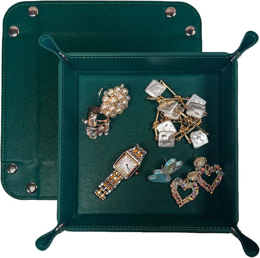 UnionBasic Valet Tray, Jewelry Tray for Rings Watches Earrings, Entryway Catchall Caddy for Coins Keys Change, Nightstand Organizer Bedside Valet Holder, Trays for Electronic Gadgets, Vintage Green