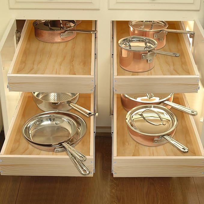 Pull Out Cabinet Organizer, 26''W×21''D×16''H Soft Close Slide Out Wood Drawer Shelves Storage for Kitchen, 2-Tier, Finished, Heavy-Duty, Bottom Assembly