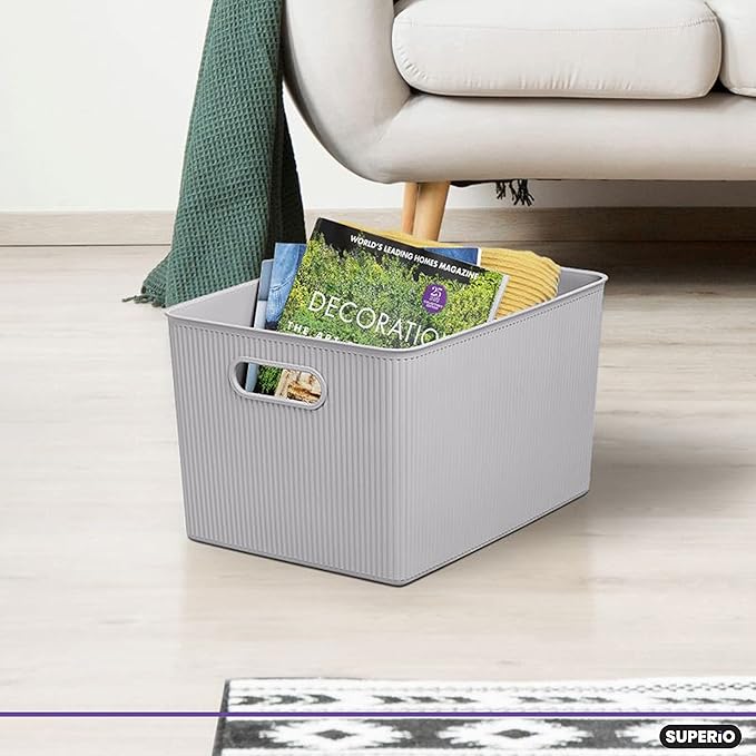 Superio Ribbed Collection - Decorative Plastic Basket Open Home Storage Bins Organizer, X-Large White Smoke (2 Pack) Container Boxes for Organizing Closet Storage Bins for Shelves 22 Liter/23 Quart