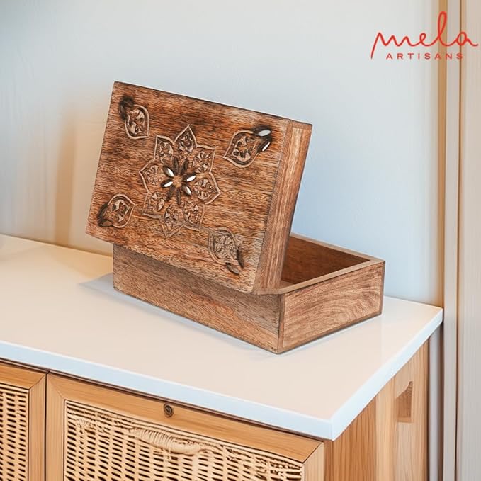 Mela Artisans Wooden Keepsake Box | Burnt Mango Wood Memory | Photo Storage Box with Hinged Lid | Decorative Storage Box | Large | 9x6x3.5 Inch