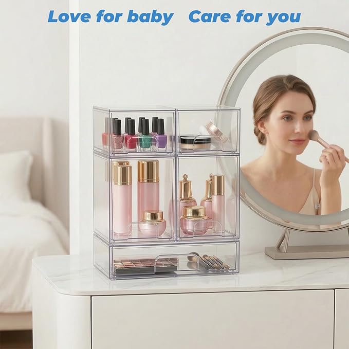 Baby Bottle Organizer, 5 Pack Stackable Storage Dust-proof Drawers, Clear Plastic Bottle Station Organizer for Countertop & Cabinet, Pacifier and Diaper Container for Nursery