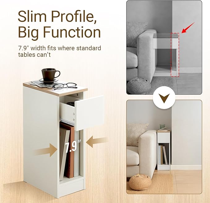 SoBuy Narrow Nightstand Set of 2, Narrow Bedside Table with Sliding Drawer and Open Compartment, Modern Slim End Table Storage Cabinet, White & Natural, FBT111-WNX2