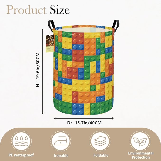 HUNRUNG Laundry Hamper,Large Canvas Fabric Lightweight Storage Basket Toy Organizer Dirty Clothes Collapsible Waterproof for College Dormsï¼Round-Colorful Blocksï¼