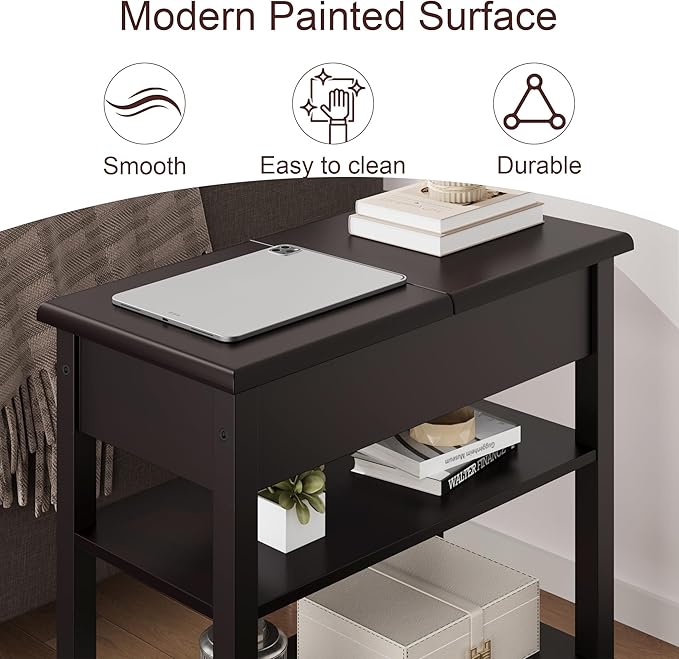 End Table, 3-Tier Flip Top Side Table, Narrow Nightstand with Storage Shelves, for Small Spaces, Living Room, Brown