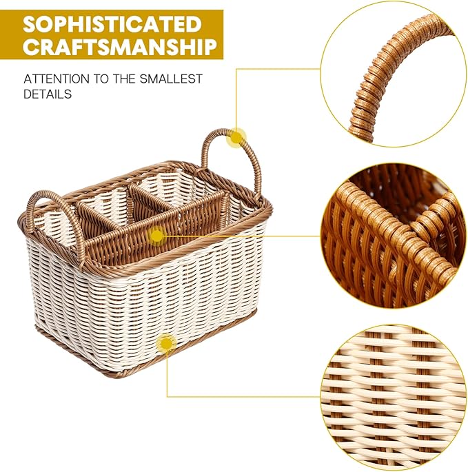 Wicker Flatware Organizer, Cutlery Holder for Countertop, Woven Cutlery Storage with Handles, 4 Compartments Utensil Tableware Basket
