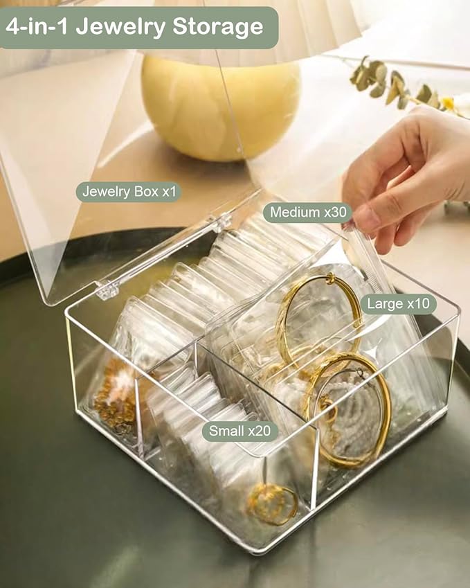 2 Pack 4 In 1 Acrylic Jewelry Organizers and Storage with 120 Portable Anti Tarnish Jewelry Bags, Clear Jewelry Box Organizer, Travel Jewelry Case for Earrings/Rings/Necklaces for Women Girls