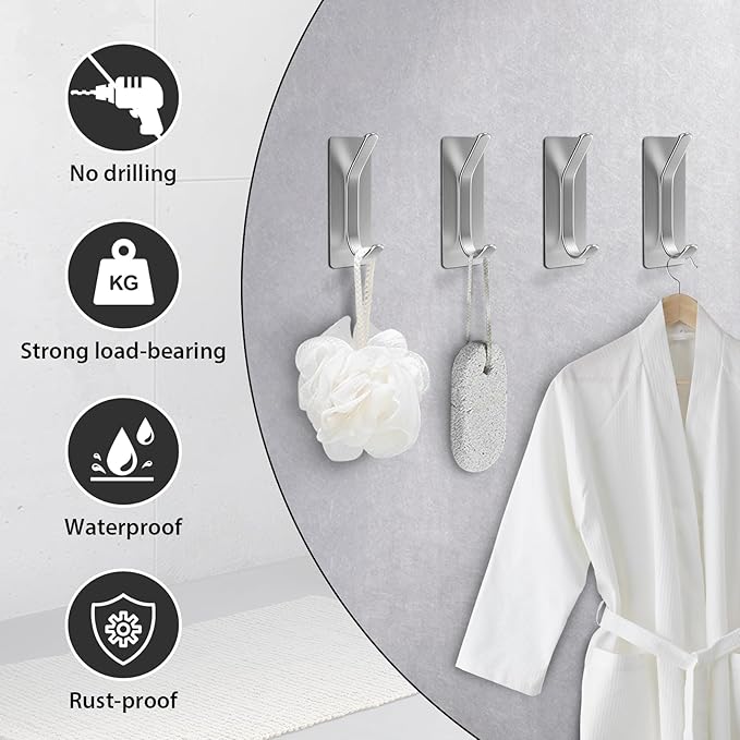 Adhesive Wall Hook for Towel, Coat, Extra Sticky 8LB Stainless Hook, Stick on Hanger for Bath or Shower, Silver 4-Pack