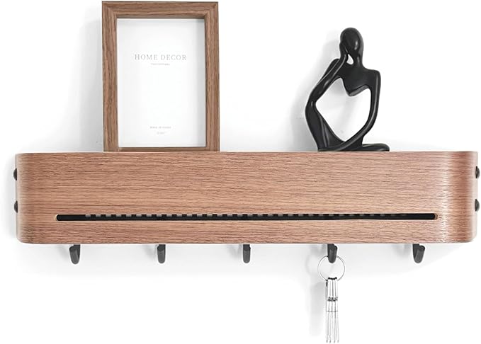 Modern Key Holder Wall Mount with 5 Retractable Hidden Hooks,Heavy Duty Coat Rack Wall Mount,Finland-Designed Entryway Organizer,17 inch,for Entryway,Living Room,Kitchen,Hallway,Walnut