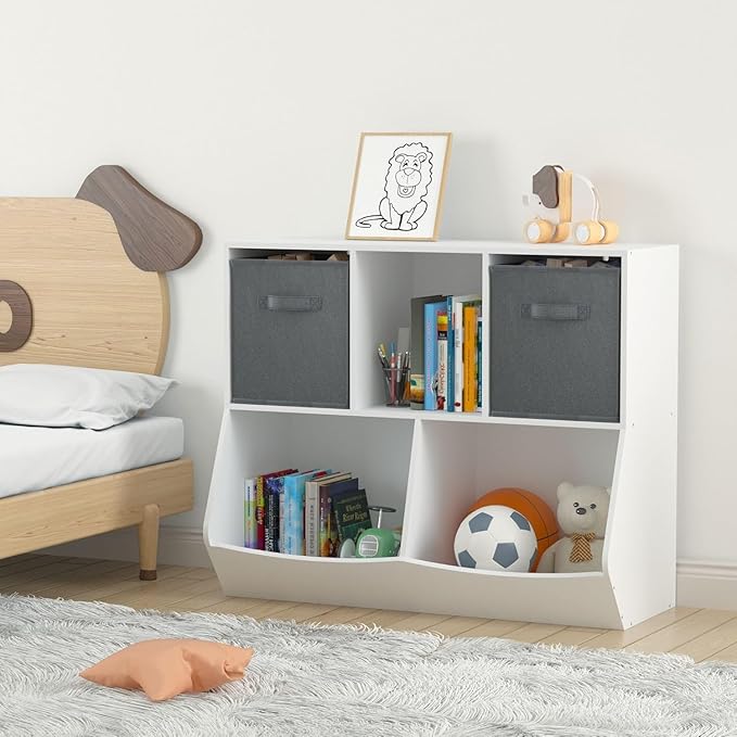 Kids Bookshelf, 5-Cubby Wood Toy Storage Cabinet with Two Drawers, Toy Storage Cubby, Toy Storage Organizer for Children's Room, Playroom, Hallway, Kindergarten, School, Grey