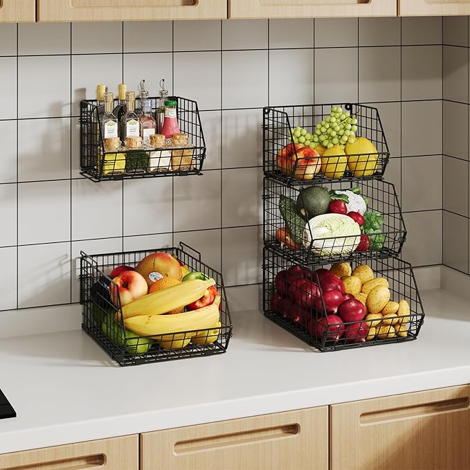 X-cosrack 3-Tier Stackable Wire Baskets for Counter, Fruit and Vegetable Storage, Potato and Onion Storage Bin，Kitchen Pantry Organizer - Wall Basket for Produce/Snack/Can, Black
