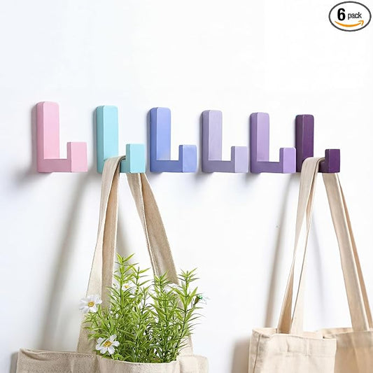 6 Pack Cute Kids Coat Wall Hooks Wooden Adhesive Decorative Colorful Wall Mounted Hangers Backpack Hooks for Hanging Keys Towel Clothes Bathroom Organization (Purple)