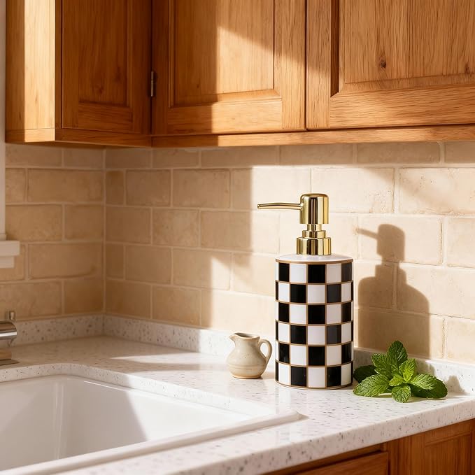 Checkered Bathroom Soap Dispenser,Gold Pump Ceramic Soap Dispenser,Kitchen Checkerboard Empty Pump Bottle,Bath Countertop Storage Organizer,Checkered Bathroom Decor (Black)