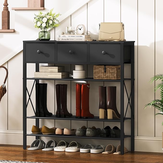 5-Tier Shoe Rack with 3 Drawers, Metal Shoe Organizer for 20 Pairs with Storage Shelves and Wooden Top, for Entryway, Hallway, Foyer, Closet, Black SS35BB