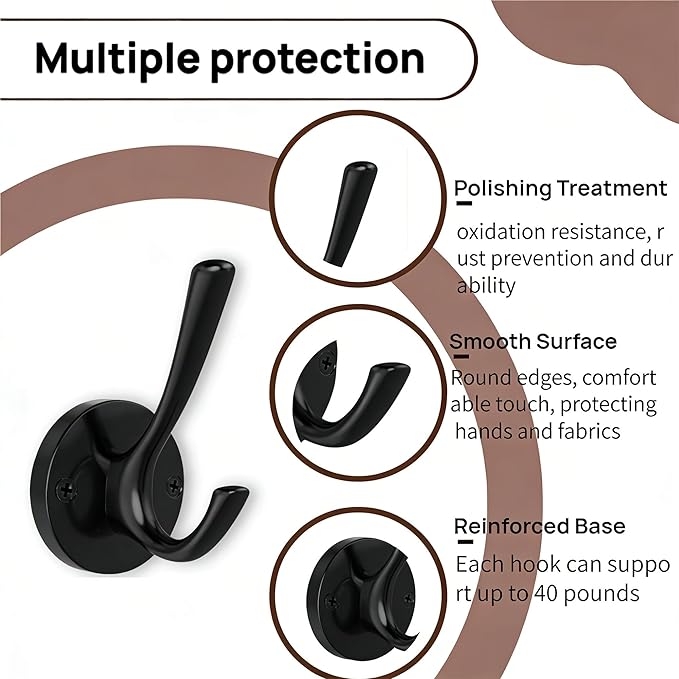 2PCS Black Wall Hooks Towel Hooks, Heavy Duty Coat Hooks for Hanging Coats, Metal Towel Hooks for Bathrooms, Double Hook Wall Mounted