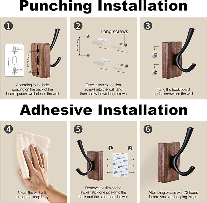 8 Pack Walnut Wood Wall Coat Hooks for Hanging, Adhesive Mounted & Wall Mount Heavy Duty Decorative Wooden Double Hook hanger for Towel Backpack Hat Jacket Clothes Blanket Purse Closet Robe Key