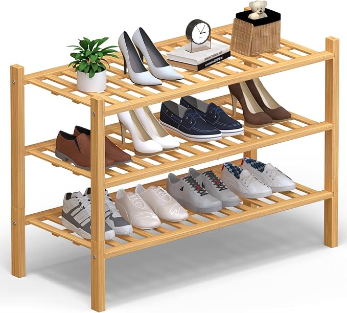 Haddockway 3 Tier Bamboo Shoe Rack Storage Organizer, Multifunctional Free Standing Stackable Shoe Shelf with Grid Panel for Closet,Hallway,Entryway,Small Space 27"x11"x20"