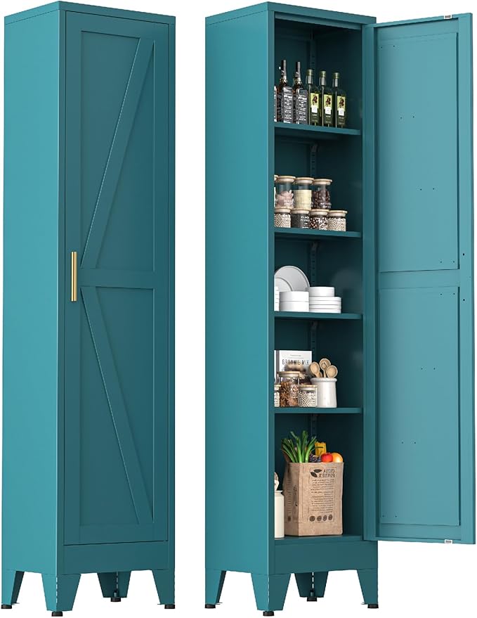 White Narrow Metal Storage Cabinet, Tall Freestanding Cabinet with 4 Adjustable Shelves & Barn Doors, Pantry Organizer for Bathroom Kitchen Home Office Dining Room（1PC,Blue