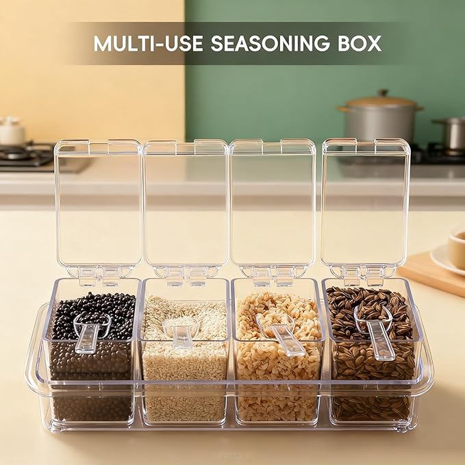 Clear Seasoning Box, 4 Pieces Seasoning Rack Spice Pots, Storage Container Condiment Jars Acrylic Seasoning Box with Covers and Spoons for Spice, Sugar, Salt, Sugar, Cardamon, Cinnamon