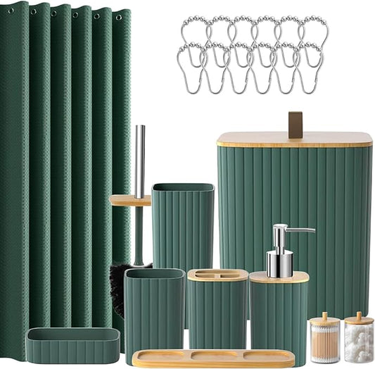 Bathroom Set - 22PCS Green Bathroom Accessories Set Trash Can Toilet Brush Holder Set Soap Dispenser Bathroom Accessory Set with Shower Curtain Bathroom Decor Set for Home, Restroom