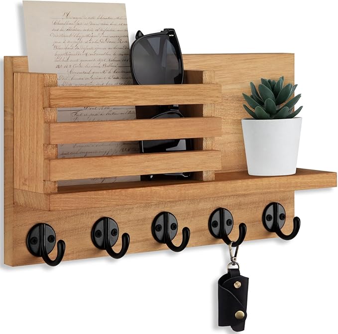 Key Holder for Wall – Decorative Wooden Mail Holder and Key Shelf with Mounting Hardware, Installation Guide – Paulownia Wood with 5 Metal Key Hooks (11.8” x 6.7” x 2.8”) (Light Brown)